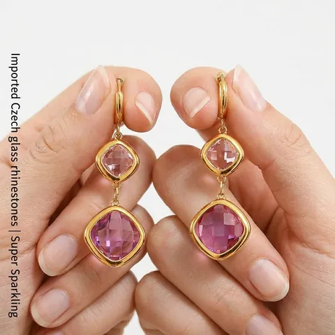 Geometric Layered Square Drop Earrings Stainless Steel 18K Gold Plated Czech Glass Retro Luxury Jewelry For Women