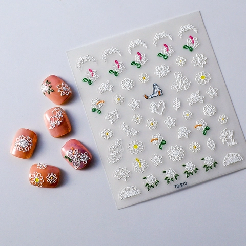5D Relief Nagelaufkleber Geprägte Blumen Weiße Spitze Selbstklebend Wasserdicht Maniküre Dekoration DIY Elegant Floral