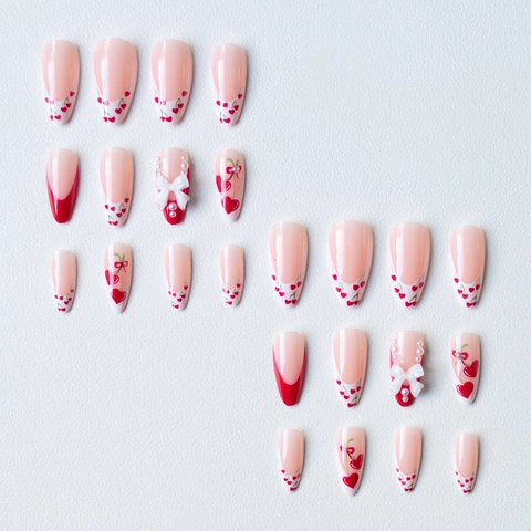 French Press On Nails Almond Long Cherry Heart Design 3D White Bow Artificial Pearl Decor Sweet Artificial Fingernails For Women