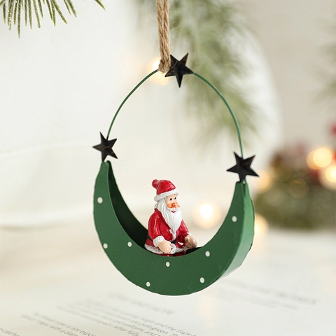 Christmas Hanging Ornaments Metal Iron Moon Boat With Santa Snowman Reindeer Resin Figures Star Holiday Tree Decor