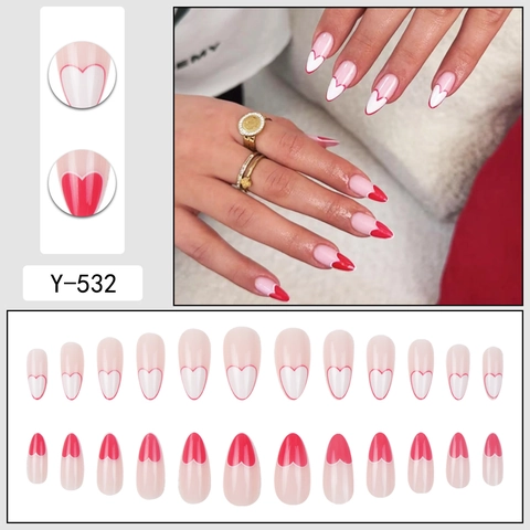 Almond Press On Nails Sweet Red White Heart Pattern Fake Nails For Women Valentine's Day Manicure Wearable Nail Tips