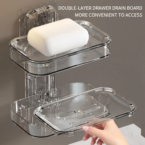Wall Mounted Soap Box Transparent Double Layer PET Plastic Drainage Holder For Bathroom Kitchen Punch Free Adhesive