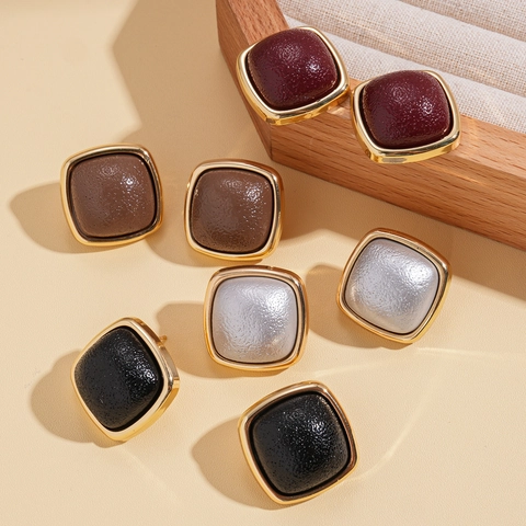 Retro Geometric Square Stud Earrings Alloy With Faux Leather And 925 Sterling Silver Earring Post For Women