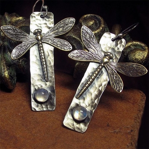 Vintage Dragonfly Dangle Earrings Antique Metal Hammered Moonstone Inlaid Retro Jewelry Women
