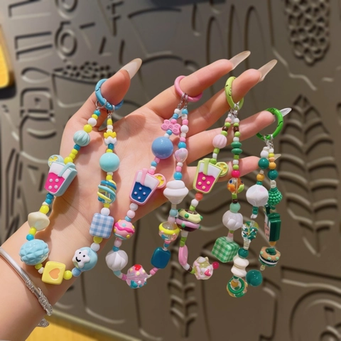 Kawaii Beaded Phone Strap Milk Tea Cup Acrylic Resin Keychain Colorful Bag Charm For Women Cute Handmade