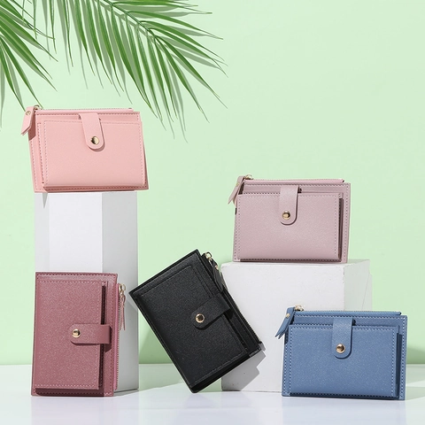 Women Short Wallet PU Leather Minimalist Zipper Coin Purse Snap Button Slim Card Holder For Daily Use