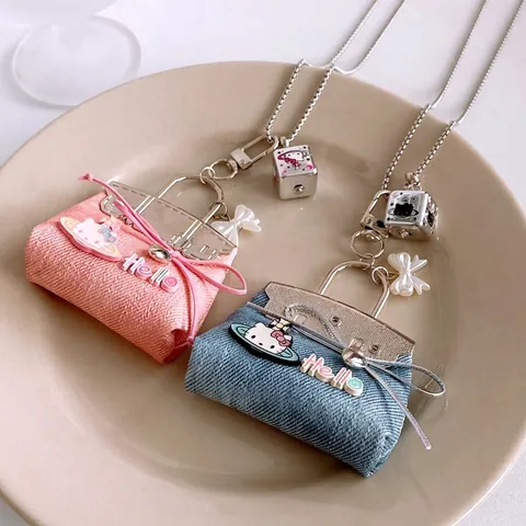 Edelstahl Mini Tasche Anhänger Halskette Denim Stoff Süße Katze Schleife Würfel Lange Kette Mode Schmuck Damen