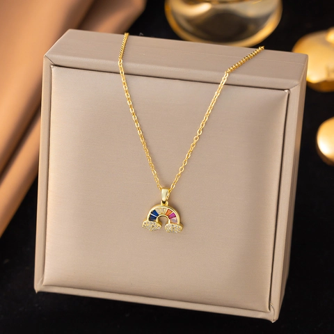 Set Di Gioielli Nuvola Arcobaleno Per Donna Zircone Colorato Acciaio Inossidabile Placcato Oro Collana E Orecchini