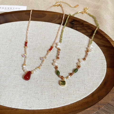 Freshwater Pearl Square Green Zircon Pendant Necklace 18K Gold Plated Copper Dainty Colorful Beaded Retro Elegant Jewelry