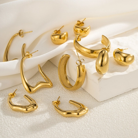 Geometric Hoop Stud Earrings 18K Gold Plated Stainless Steel Vintage Minimalist Chunky C Shape For Women