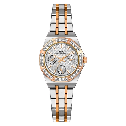 Elegant Ladies Quartz Wristwatch Multifunctional Stainless Steel Strap Rhinestone Bezel Grid Dial Calendar Women Fashion