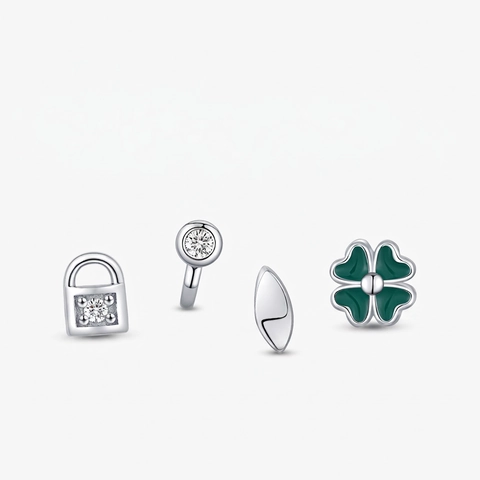 Set Orecchini a Bottone Quadrifoglio Lucchetto Cuore in Argento Sterling 925 Con Smalto Verde Strass Moda Orecchini Per Donna