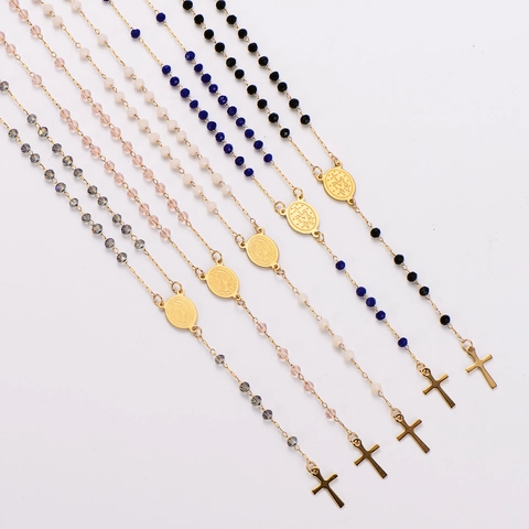 Collar Rosario Acero Inoxidable Cuentas De Cristal Medalla Milagrosa Colgante Cruz Forma En Y Religioso Moda Mujeres