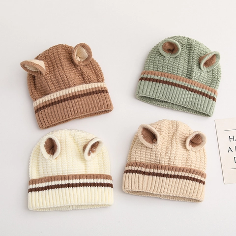 Baby Strickmütze Mit Süßen Bärenohren Und Gestreiftem Rand Winter Warme Acryl Waffelstrick Kappe Für Kleinkinder