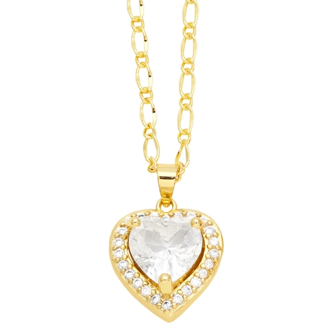 Herz Anhänger Halskette Kupfer Vergoldet Zirkonia Halo Figaro Kette Elegante Mode Schmuck Für Damen