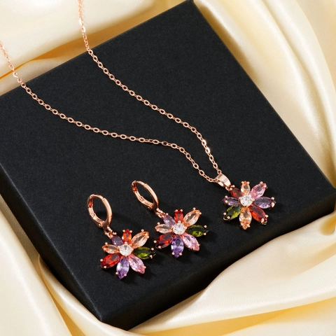 Roségold Vergoldete Legierung Mehrfarbig Strass Blume Schmuckset Halskette Und Ohrringe Für Damen Frisch Süß Party Accessoire
