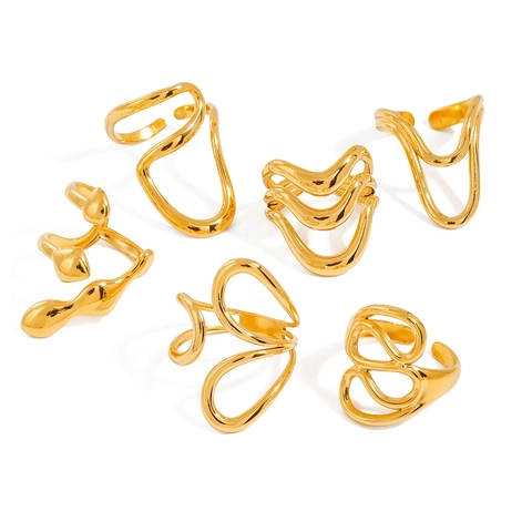 Edelstahl Ring Verstellbar Offen Welle Unregelmäßig Flüssiges Design 18K Vergoldet Minimalistischer Nischenschmuck Damen