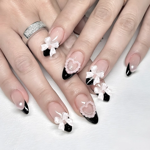 French Tip Press On Nails Black Bow Heart Almond Fake Nails Nude Pink Manicure Art Artificial Nails