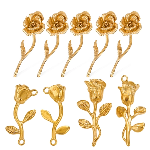 Ciondoli Fiore Di Rosa 3D Acciaio Inossidabile Placcato Oro 18K Charm Per Creazione Gioielli Fai Da Te Collane Bracciali