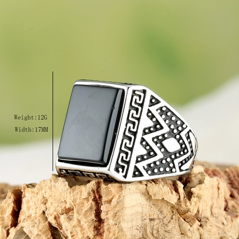 Men Signet Ring Stainless Steel With Square Tiger Eye Black Stone Vintage Greek Key Pattern Retro Jewelry