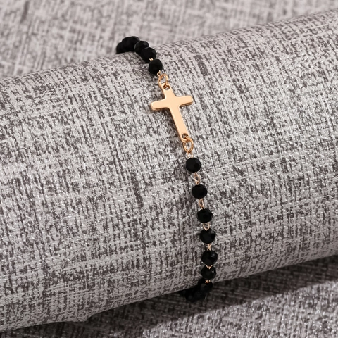 Bracciale Di Perle Sfaccettate Nere Con Ciondolo Cuore Croce Quadrifoglio In Acciaio Inossidabile Gioielli Di Moda Semplici Per Uomo Donna
