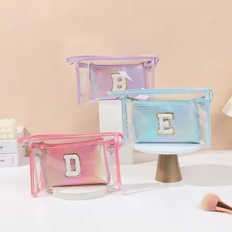 Borsa Trucco PVC Trasparente Olografica Pochette PU Laser Patch Lettera Ciniglia Grande Capacità Organizzatore Viaggio