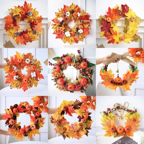 Artificial Autumn Wreath For Front Door With Maple Leaves Pumpkins Berries Pine Cones For Halloween Thanksgiving Decor