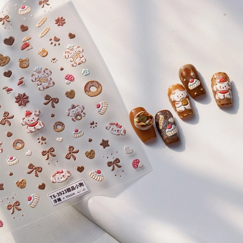 Adesivi Unghie Rilievo 5D 3D Cartone Animato Cane Dolce Donut Fiocco Cuore Motivi Adesivi Decorazione Manicure DIY