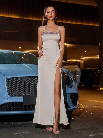 Sequin Square Neck Satin Evening Dress Sleeveless High Slit Slim Fit Formal Party Maxi Gown For Women