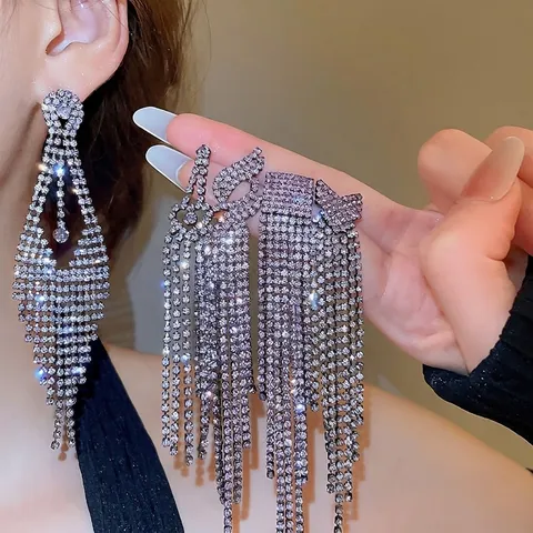 Pendientes Largos Borla Estrás Morado Cobre Con Poste Plata Ley 925 Corazón Geométrico Lujo Mujer