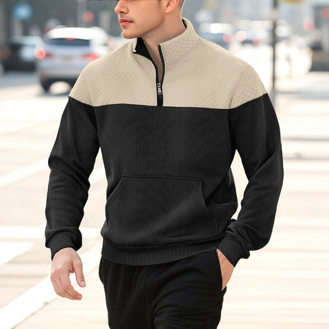 Heren Sweatshirt Kwart Rits Opstaande Kraag Kleurblok Gewatteerde Diamant Textuur Lange Mouwen Pullover Outdoor Casual Mode