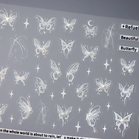 Butterfly Nail Art Stickers 5D Relief Embossed White Star Moon Faux Artificial Pearl Self Adhesive Decals DIY Manicure Decorations