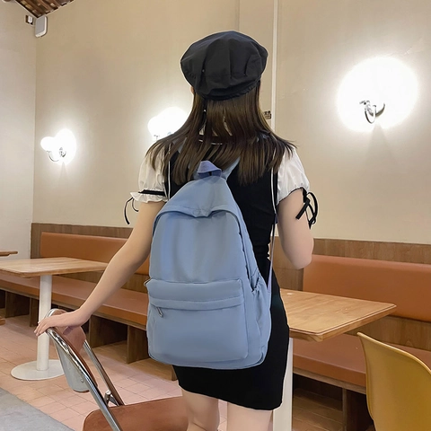 Large Capacity Nylon Casual Backpack Simple Solid Color School Bag For College Students Travel Daypack Women