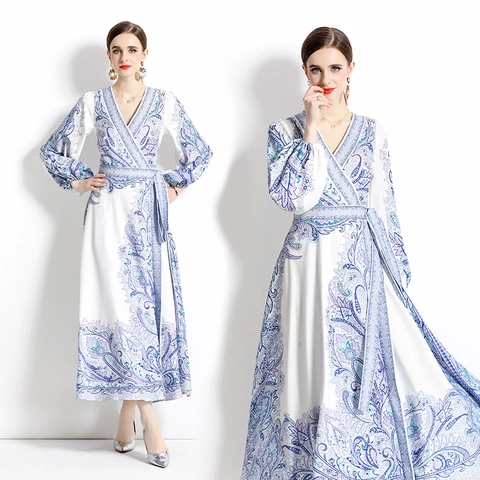 Abito Maxi Elegante Da Donna Scollo A V Stampa Paisley Chiffon Maniche A Lanterna Lunghe Vita Annodata Stile Boho