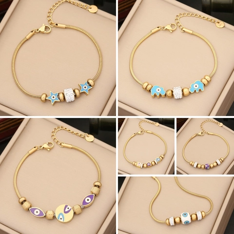 Evil Eye Armband Edelstahl Schlangenkette Stern Mond Elefant Anhänger Vergoldeter Boho Schmuck Für Damen