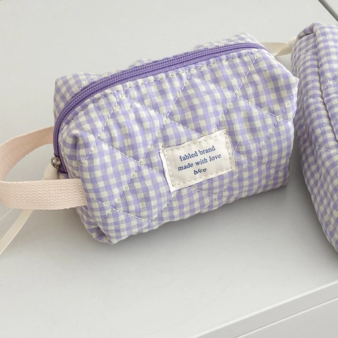 Trousse De Maquillage En Coton Matelassé À Carreaux Grande Capacité Pochette De Rangement Style Coréen Organisateur Souple