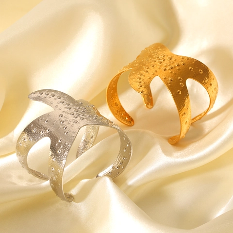 Brazalete Abierto Estrella De Mar Concha Acero Inoxidable Textura Martillada Chapado Joyería Para Mujeres