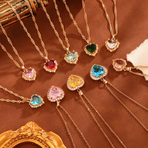 Heart Pendant Necklace With Crystal Zircon Rhinestones Gold Plated Alloy Chain Elegant Jewelry For Women