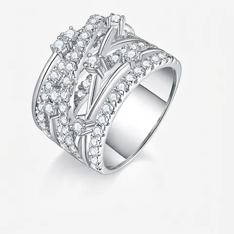 Luxurious S925 Sterling Silver Moissanite Wrap Ring For Women Sparkling Pave Set Wide Band Geometric Ring High-end Jewelry Gift