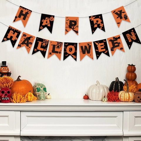 Decorazioni Per Feste Di Halloween Banner Cake Toppers Glitterati Zucca Pipistrello Palloncini Lattice Carta Arancione Nero