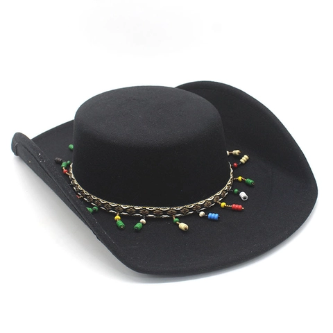 Wide Brim Cowboy Hat Felt Western Fedora With Ethnic Woven Band And Colorful Beads Bohemian Style Retro