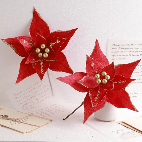 Artificial Christmas Poinsettia Flowers Velvet Fabric Glitter Xmas Tree Ornaments Wreath Making Holiday Party Vintage