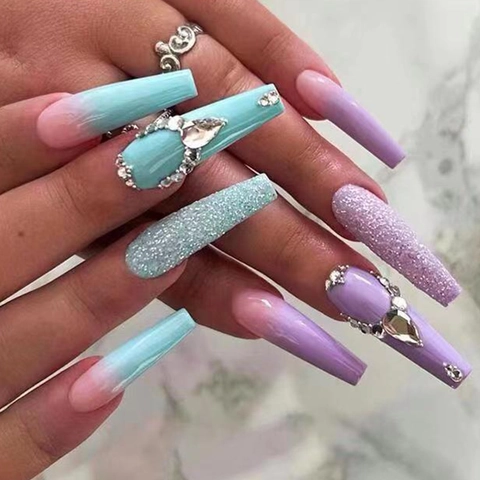 Uñas Postizas Largas Tipo Ataúd Ombre Degradado Verde Morado Diamantes De Imitación Brillo Puntas De Manicura Para Mujeres