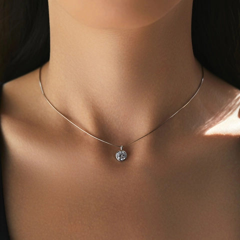 Collana con Pendente a Bolla in Argento Sterling 925 e Zirconia per Donna Minimalista Tondo Singolo Pietra Catena a Serpente
