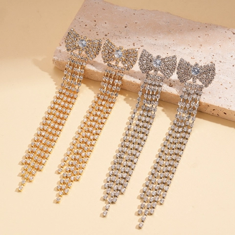 Orecchini Pendenti Lunghi Con Fiocco E Nappe Con Strass Rame Con Perno In Argento Gioielli Per Donna