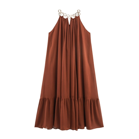 Vestito Lungo Halter Donna Chiffon Scollo Anello Metallico Senza Maniche Bohemien Orlo A Volant