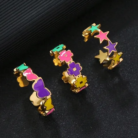 Colorful Enamel Open Rings Stainless Steel Gold Plated Butterfly Star Flower Adjustable Dopamine Fashion Jewelry Women
