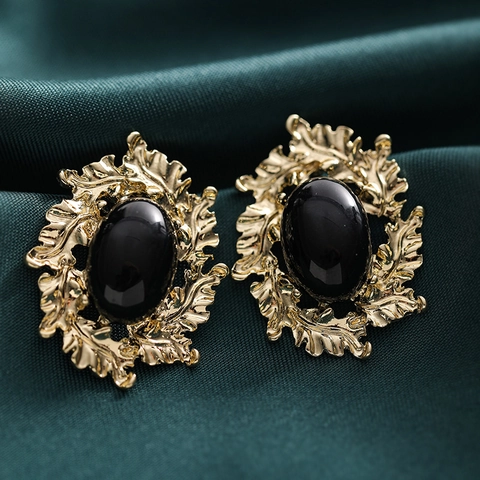 Orecchini A Perno Ovali Retrò Con Perno In Argento Bordo A Foglia In Lega Pietra In Resina Nera Stile Palazzo Donna