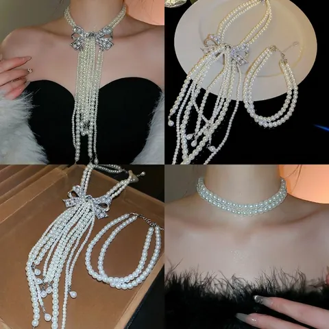 Collana Di Künstliche Perle Multistrato Elegante Fiocco Di Strass Nappa Lunga Pendente Lega Gioielli Vintage Di Lusso Per Donna