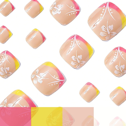 Glossy French Gradient Square Press On Toenails White Flower Summer Tropical Style ABS Plastic Fake Toenails For Women